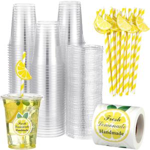 Gilprop 100 Sets Plastic Lemonade Cups with Lids and Straws Lemonade Stand Supplies 12 oz Disposable Lemon Cups Bulk with Stickers Lemonades Bar Supplies for Summer Beverage Drinking Party Favor