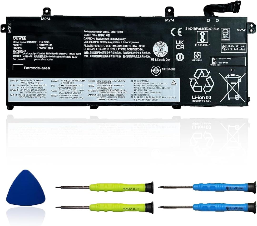 L18L3P73 L18M3P73 L18M3P74 Laptop Battery Compatible with Lenovo ThinkPad T490 T495 P43S Series SB10K97645 02DL007 L18M4P73 SB10K97646 L18C3P72 L18M4P74 L18C3P71 SB10K97648 11.52V 51Wh 4345mAh