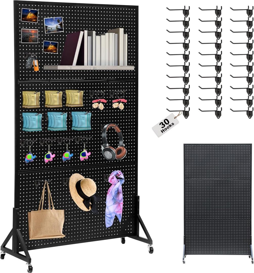 Eastern Tree Metal Pegboard Display Stand 3.5 x 6 Feet with 30 Hooks, Standing Pegboard Display with Wheels, Peg board Display Rack, Large Pegboard Panels - Black