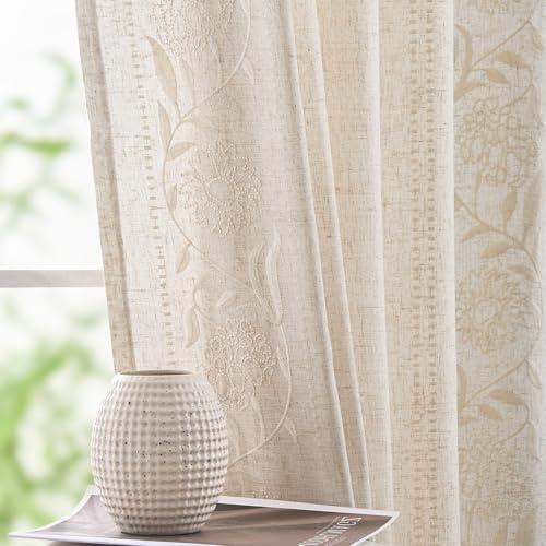 jinchan Linen Curtains for Bedroom 90 Inches Length Linen Blended Embroidered Floral Curtains for Living Room Farmhouse Decor Light Filtering Window Treatments Ivory on Beige Drapes 2 Panels