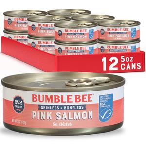 Bumble Bee Skinless & Boneless Canned Pink Salmon in Water, 5 oz Cans (Pack of 12) - Premium Wild Caught Salmon for Sandwiches & Recipes - 20g Protein per Serving - Gluten Free, Kosher, MSC Certified, Best By: Mar/2028