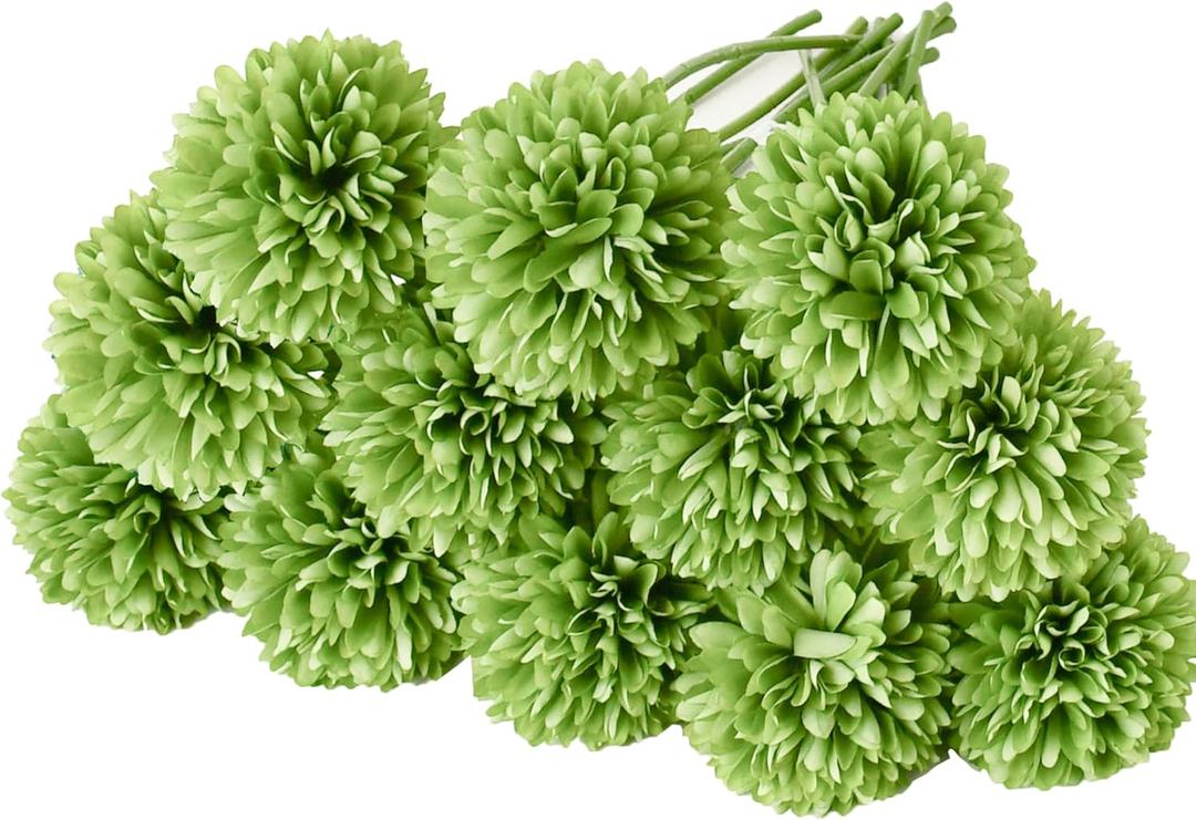ONLY ART 12pcs Green Flowers Silk Ball Chrysanthemum Artificial Flowers 12.5" for Home Kitchen Wedding Party Decorations New Year Spring