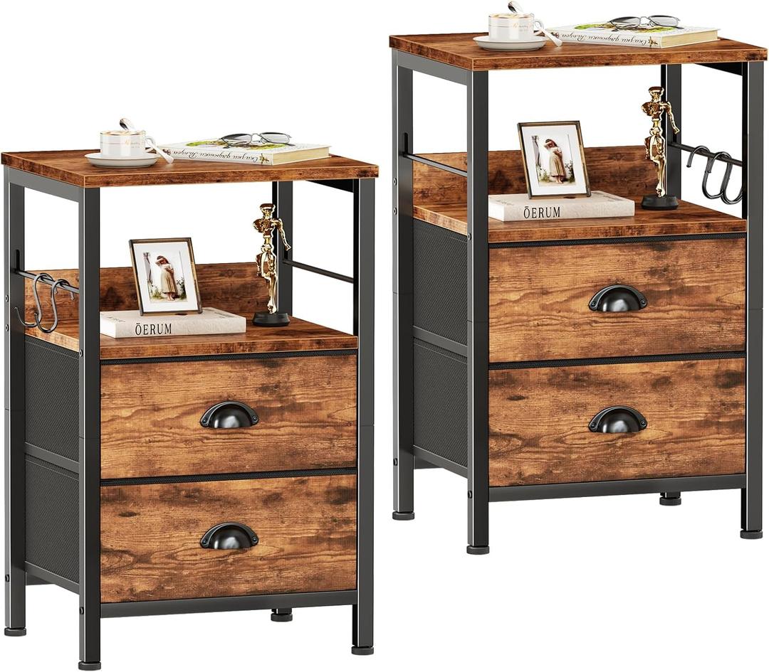 Furologee Night Stand Set of 2, Nightstand with 2 Fabric Drawers, Bed Side Table with Open Shelf, Wooden Top, Hooks, Backboard Design, End Table for Bedroom, Study, Hallway, Brown