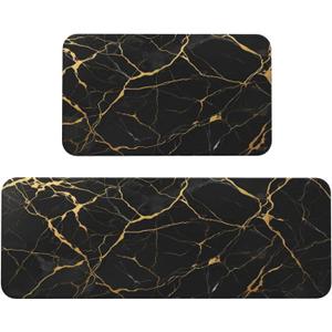 Black Gold Marble Print Kitchen Rugs Microfiber Floor Mats Cushioned Carpet Runner Rug for Laundry Bathroom Living Room, 2 Piece Set 17"X 47" + 17"X 30"