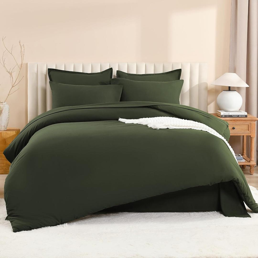 Litanika Dark Olive Green Queen Size Comforter Set - 7 Pieces Bed in a Bag Queen Bedding Comforter Sets, Plain Lightweight Bed Set with Comforter, Sheets, Pillowcases & Shams (Queen (90"x90"))
