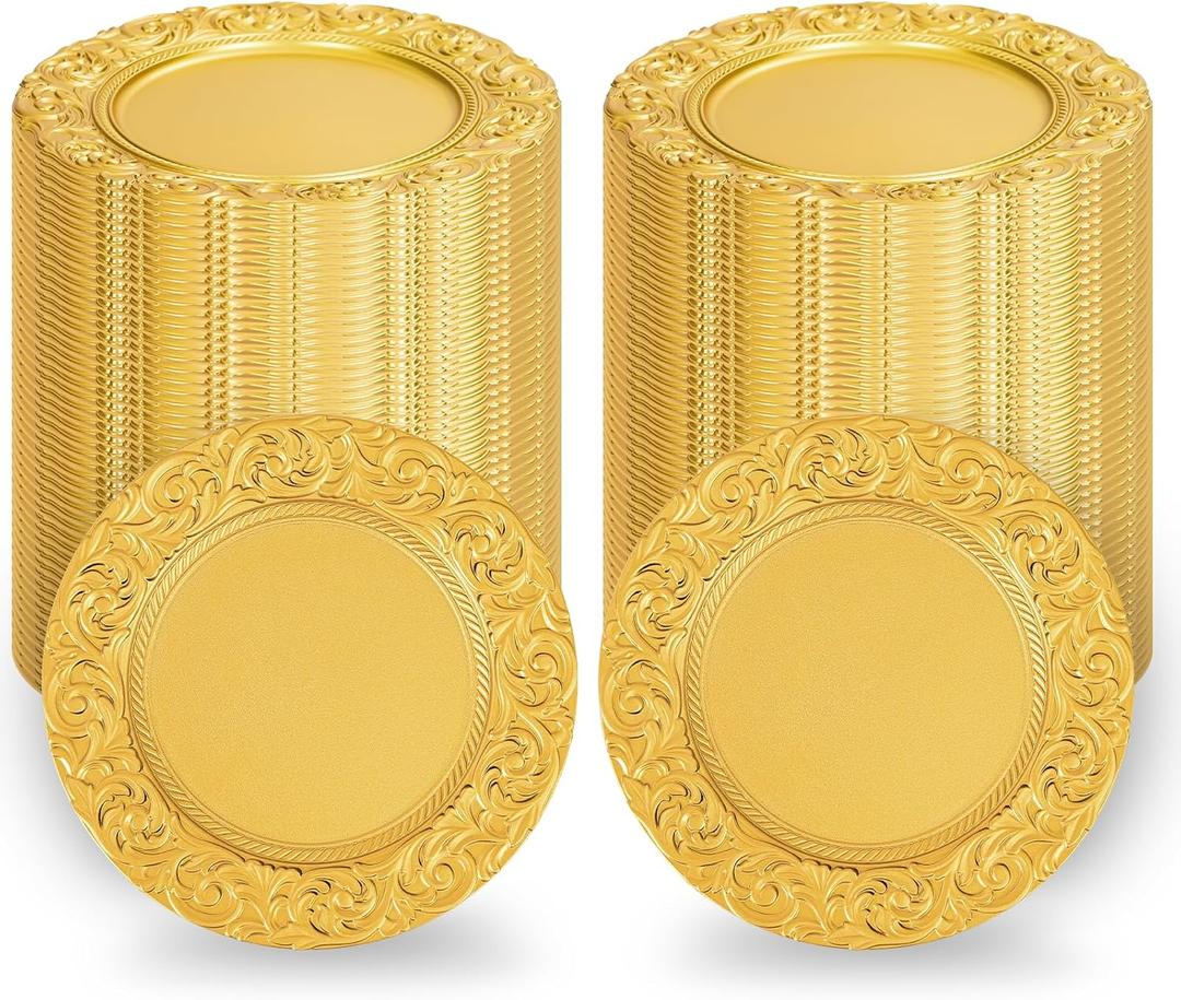 Gold Charger Plates Bulk 100Pcs - 13" Gold Chargers for Dinner Plates, Round Floral Embossed Decorative Charger Plate for Wedding & Event Kitchen Party Decoration