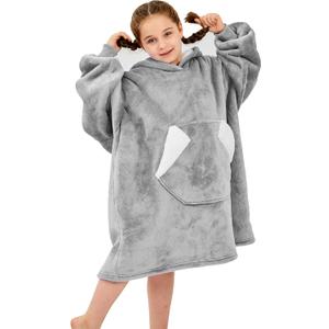 Ramees Wearable Blanket Hoodie for Kids, Sherpa Oversized Sweatshirt Blanket Flannel with Hood Pocket and Sleeves (Grey)