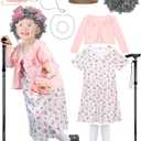 Luces Old Lady Costume for Girls, 100th Days of School Dress Up for Kids, Granny 100th Day School Wig Cane Accessories Outfit (XL, 7068-Red)