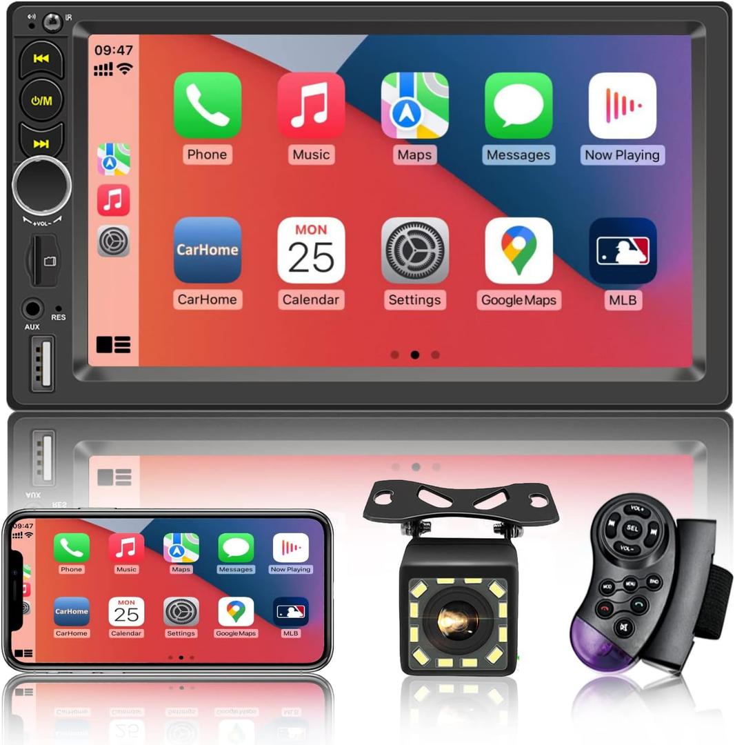 7'' Double Din Car Stereo Build-in Apple Carplay, Bluetooth 5.1 Hand-Free Calling, Touchscreen Car Radio FM,GPS Navigation, Night Vison Backup Camera, USB/TF/Subwoorf/240 watts