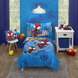 Disney Marvel Spidey and his Amazing Friends Spidey Team Red, White, and Blue 4 Piece Toddler Bed Set - Comforter, Fitted Bottom Sheet, Flat Top Sheet, and Reversible Pillowcase