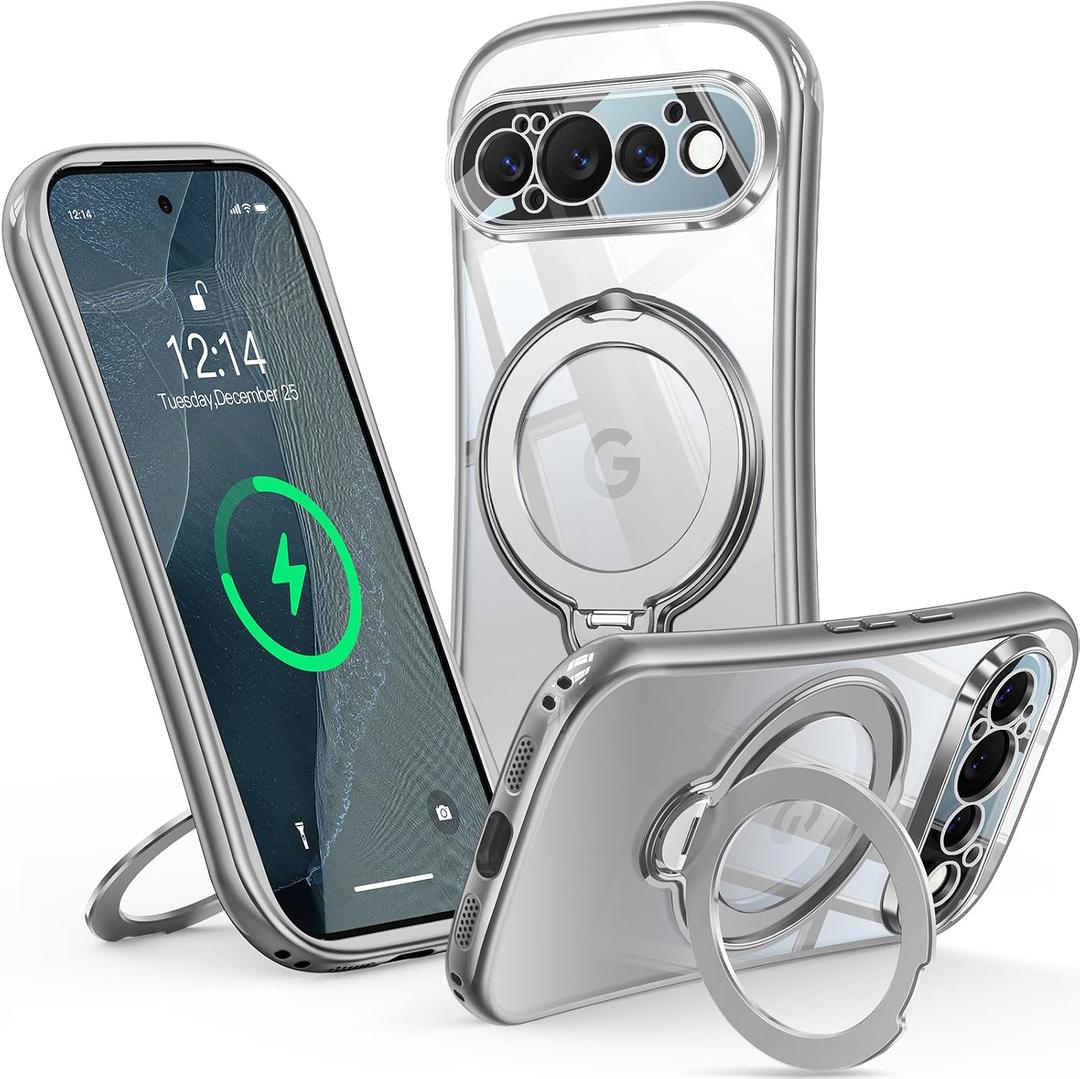 Reukdnv 360° Spin Magnetic Stand for Google Pixel 11 Pro Clear Case, Silver