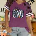 Halloween Shirts Women Fall Pumpkin Tshirt Ghost T Shirt Skeleton Tops Casual V Neck Short Sleeve Tees (Purple, XXL)