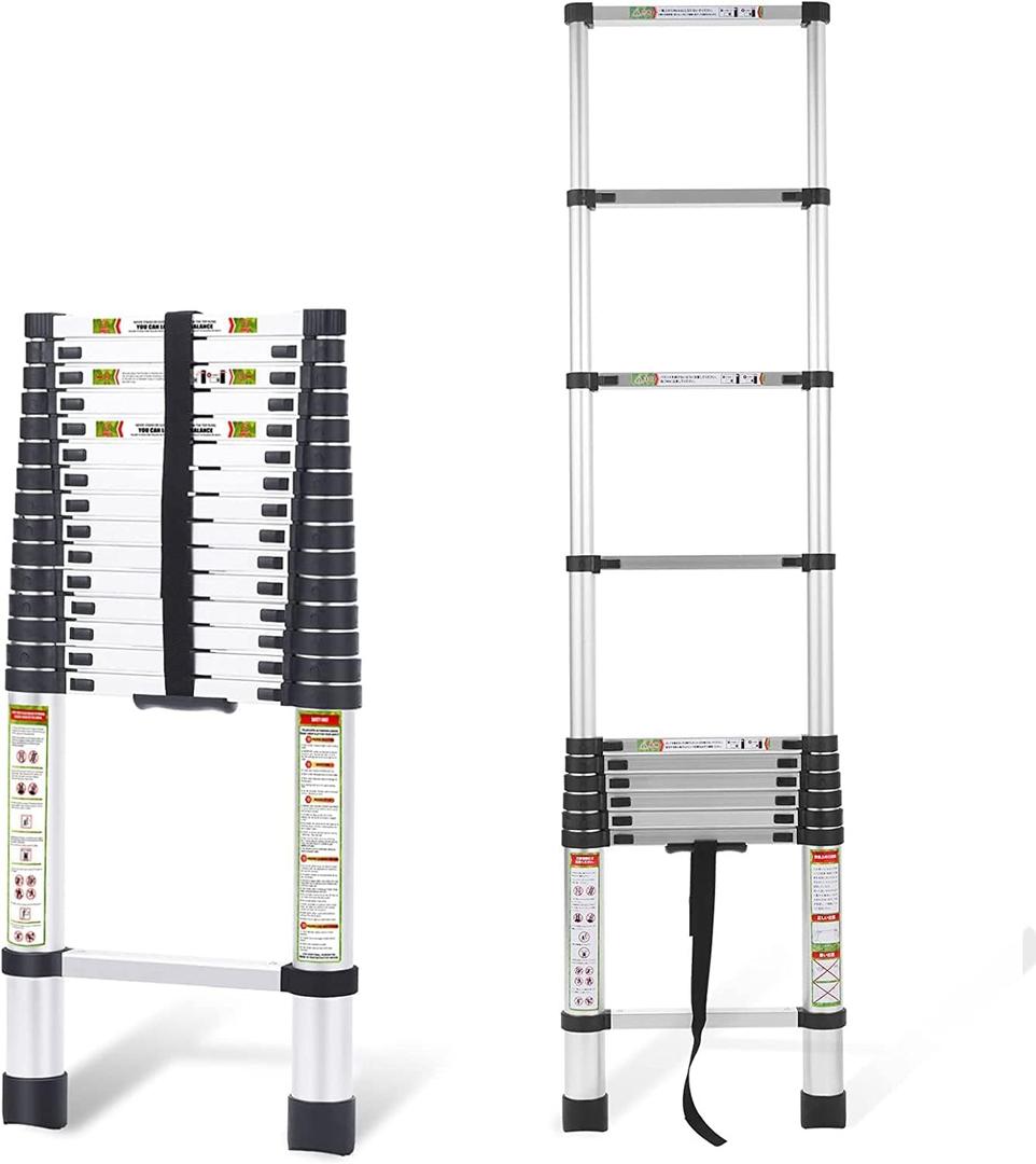 RIKADE Telescoping Ladder 20.3FT & Attic Ladder, Heavy Duty Aluminum with Non-Slip Feet, 330lb Capacity for RV, Attic, Roof & Multi-Surface Use