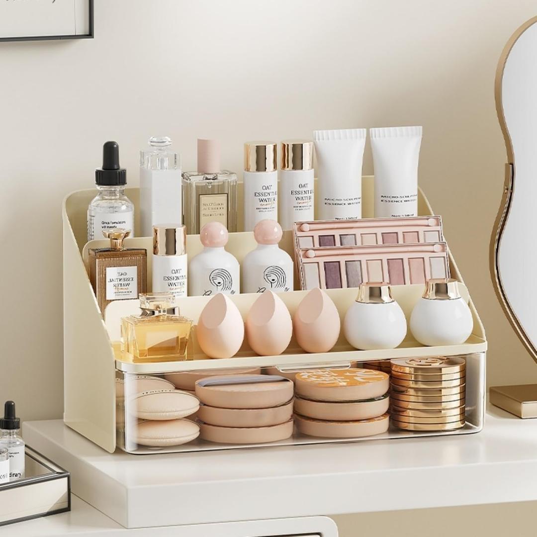 Lipsticks Holder,Lipgloss Organizer and Storage Display Case for Lip Gloss,Makeup Organizer with drawer,3 Rows spacious compartments & 1 extra drawers Makeup Holder & Cosmetics Display(Cream)