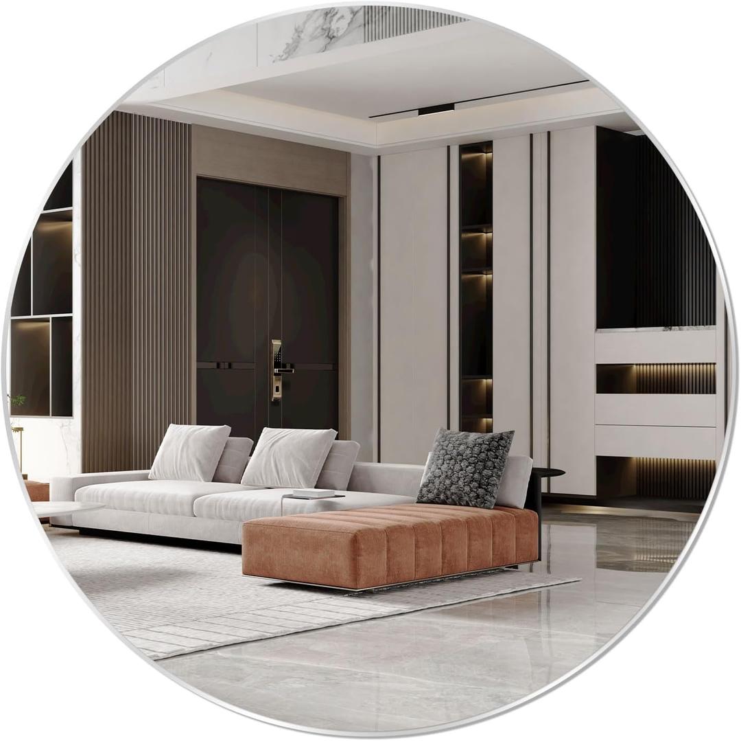 16'' Round Wall Mirror Circle Self Adhesive HD Large Glass Circle Mirror Tile for Wall, Bathroom, Bedroom, Living Room, Door etc