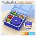 Bento Box for Kids, Lunch Box with Sticker and Leak-Proof Vacuum Food Jar, 4 Compartment BPA-Free Toddler Bento Box for School, Machine-Washable and Removable Compartments for Boy(Blue)