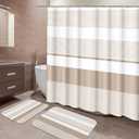 ArtSocket Beige Striped Bathroom Set with Shower Curtain and Bath Rugs and Accessories,Boho Modern Non-Slip Shower Curtain Set,Bathroom Decor 3 Pcs