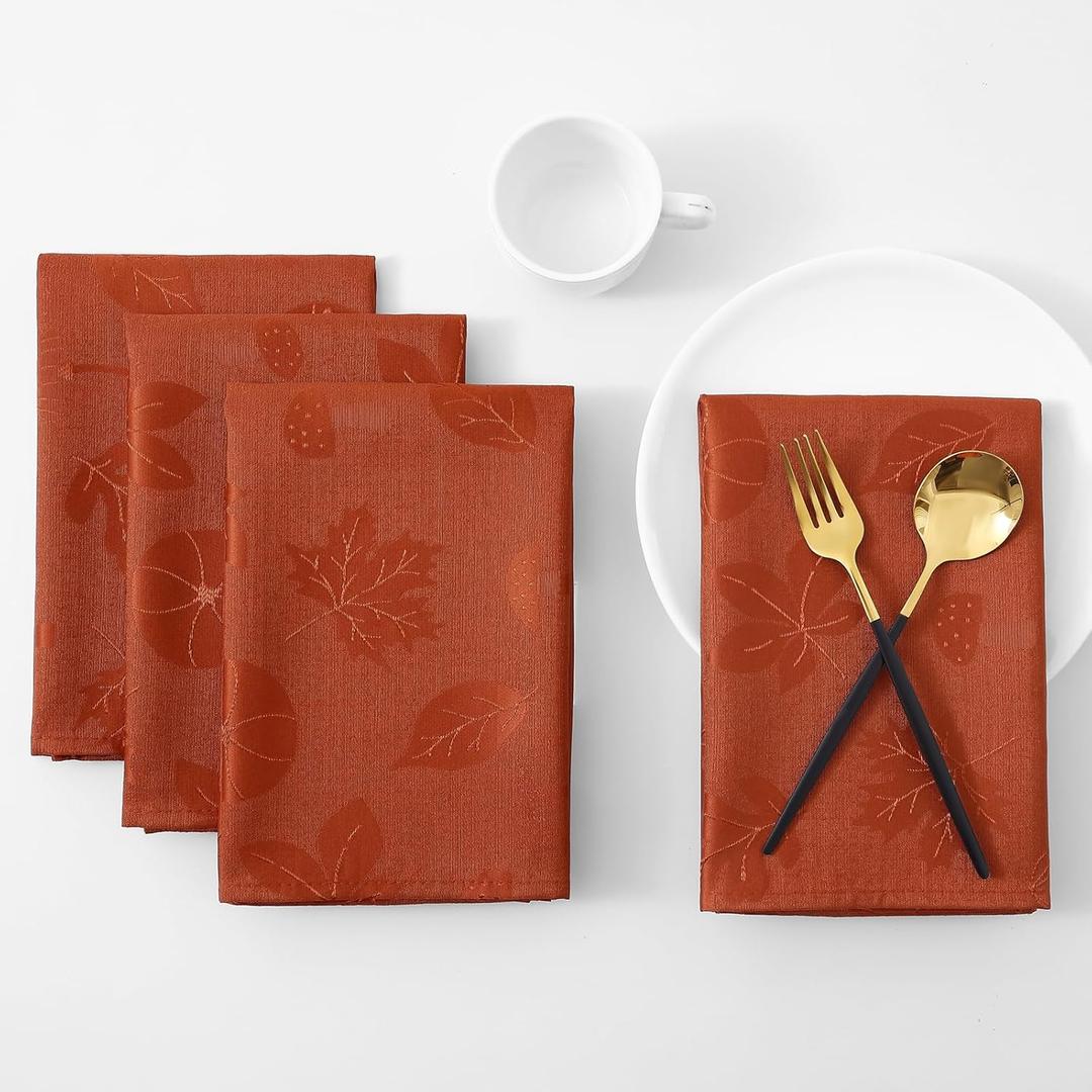 Thanksgiving Napkins Set of 4, 18x18 Inch Waterproof Autumn Pumpkin Mushroom Jacquard Table Cloth, Damask Fabric Table Covers for Harvest Parties, and Fall Decor, Terracotta