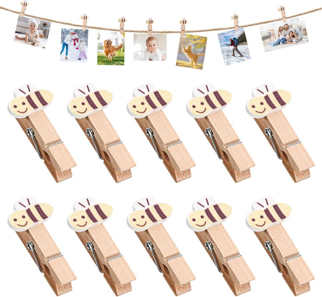 NUOBESTY 10Pcs Bee Mini Wooden Clothespins with Twine String Cute Cartoon Photo Clips for Hanging Pictures Craft Wood Pegs for Party Favors Home Decoration Baby Shower and Classroom Use