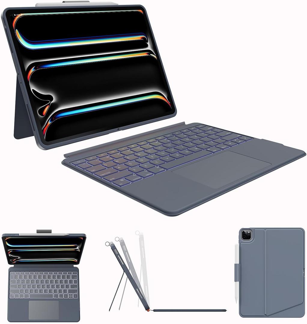 Case with Keyboard for iPad Pro13 M4/ M5: Bluetooth Wireless Detachable Magnetic Stand Rechargeable Keyboard with Folio Slim Compact Removable Cover with Trackpad, White Backlit