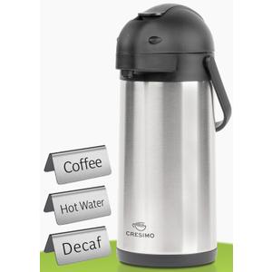 Cresimo Coffee Carafe for Keeping Hot 102oz Airpot Coffee Dispenser with Pump & Stainless Steel Table Tent Signs - 3L Airpots for Hot Beverages - Easy-to-use Insulated Coffee Carafe & Beverage Labels