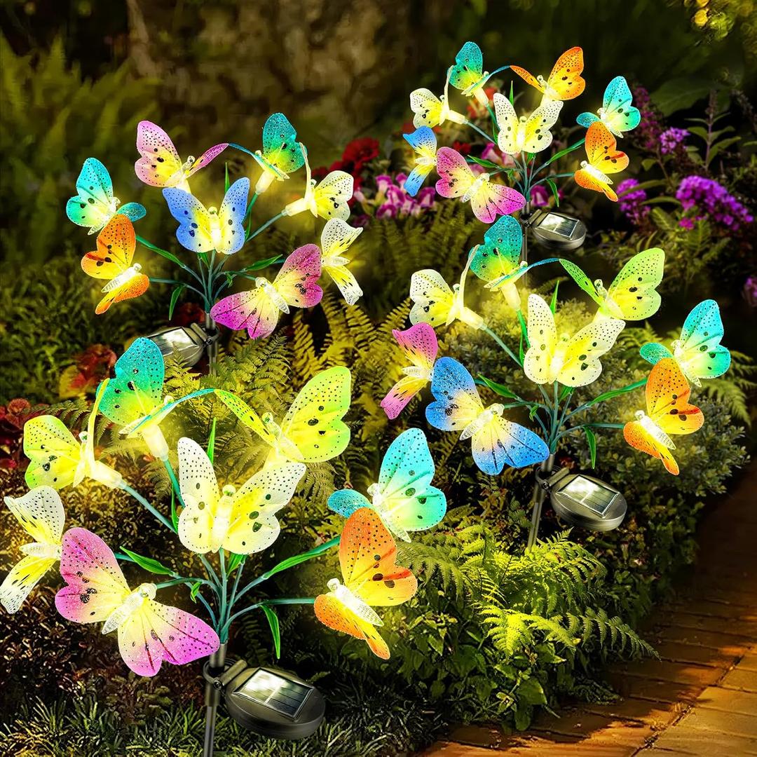 Anordsem Solar Garden Lights Outdoor: 8 Removable Fiber Optic Fabric Butterflies 4 Pack - Waterproof Fun Animal Decoration for Yard Patio - Gardening Gifts for Garden Lovers (Butterfly)