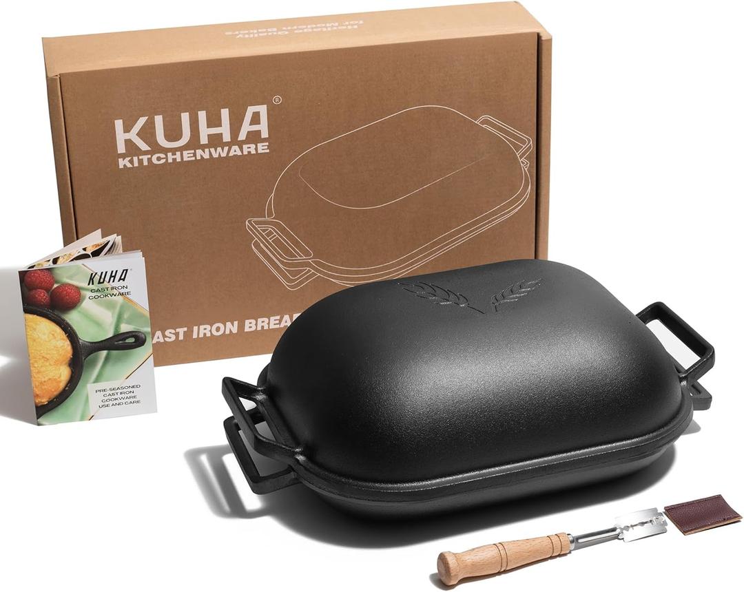 KUHA Cast Iron Bread Pan with Lid + Bread Lame - Black Heavy Duty Cast Iron Loaf Pan for Homemade Breadmaking - Pre-seasoned Bread Oven