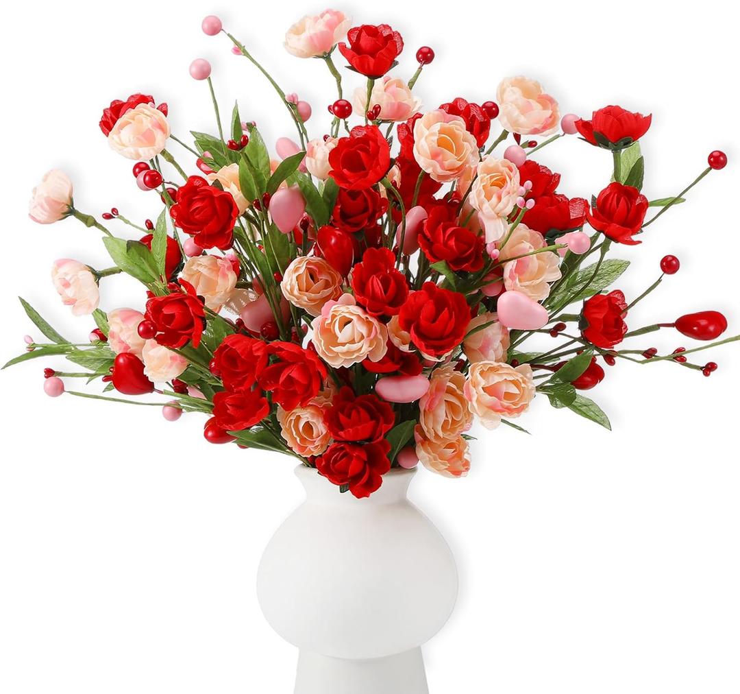 12 Pcs Valentines Day Decoration Rose Floral Picks 16 Inch Red Pink Heart Artificial Flower Berry Stems Flower Branches for Valentine's Day Wedding Anniversary Vase Table Centerpieces Decor