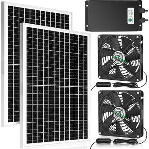 blessny Solar Rechargeable Dual Fan with 66.6Wh Battery Backup, 50W Solar Powered, 5.5" Bigger Intake or Exhaust Fan Kit, IP67 Waterproof, 3000 RPM High Velocity