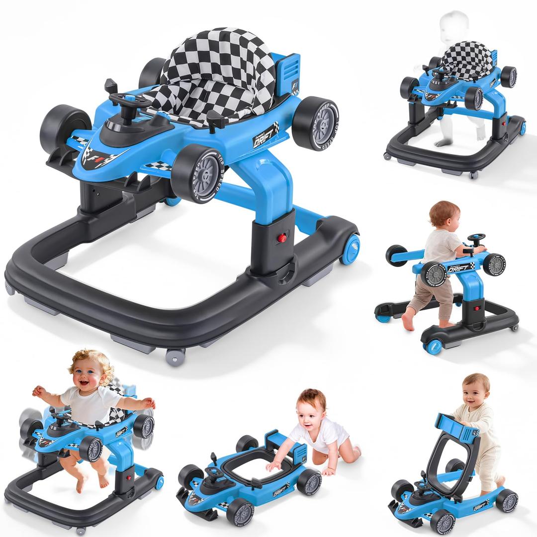 Baby Walker, Baby Walker with Wheels, 3 Adjustable Heights Reinforced Frame 4 Modes Push Walker & Jumper, Music Lights Anti-Rollover Speed Height Adjustment Toddler Activity Walker for 6-18 Months Old
