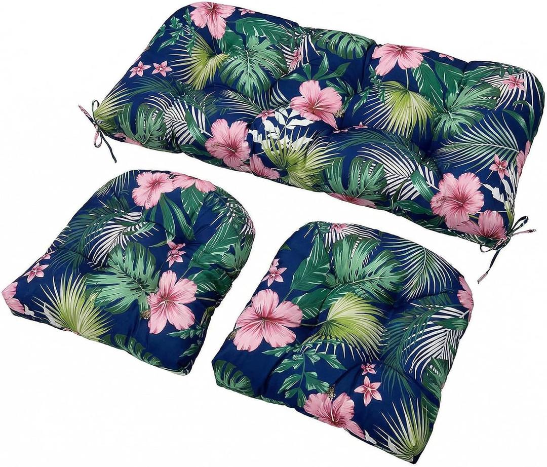 ThinMay Wicker Chair Cushions Set, 2 U-Shaped Cushions & 1 Loveseat, Waterproof Outdoor Loveseat Cushion for Patio Furniture, Settee Bench Pad All Weather,FlowerLeaf