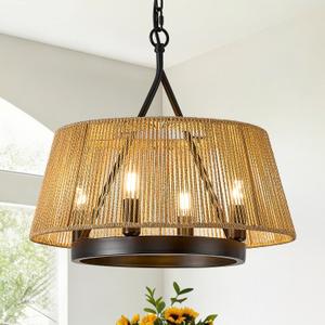 Farmhouse Boho Woven Chandeliers 18 Hand Rattan Ceiling Pendant Light 4-Light Chandelier Lighting Fixture for Dining Room, Hallway, Entryway, Kitchen,Bedroom, E12