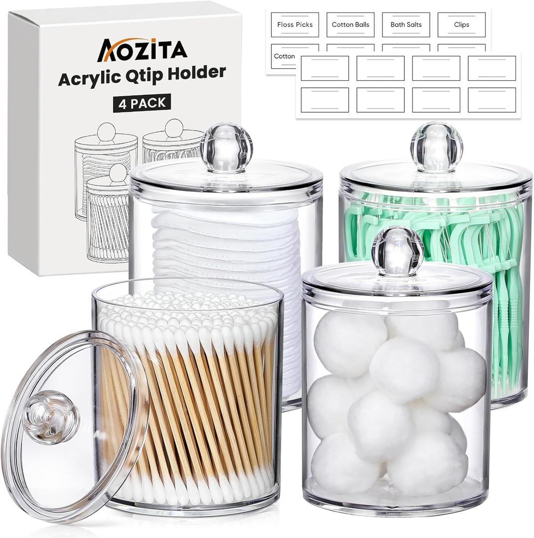 4 Pack Acrylic Qtip Holder Dispenser for Cotton Swabs, Balls, Pads, Floss Picks- Small Clear Acrylic Canister Apothecary Jar Set, Bathroom Essentials Accessories Decor, Vanity Makeup Storage Organizer