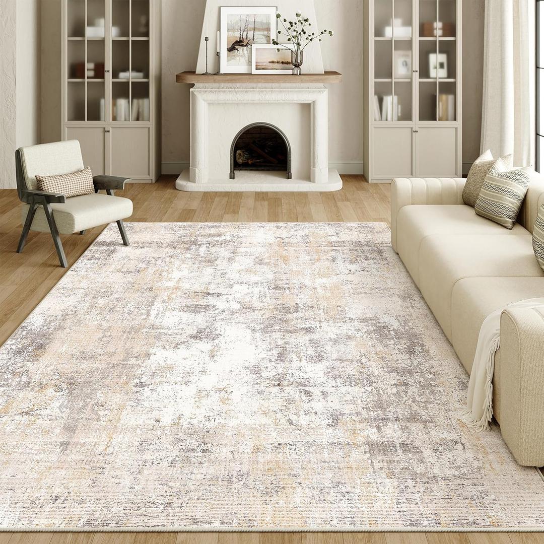 8x10 Washable Area Rug Beige Grey Neutral Abstract Living Room Bedroom Large Throw Rug Non Slip Soft Low Pile Indoor Floor Carpet for Dining Room Kitchen Office Entryway