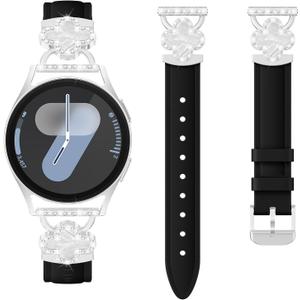 Leather Band for Samsung Galaxy Watch 7/6/5/4/ FE Band 40mm 44mm Women, Bling Leaf Clover Slim Watch Band Replacement Strap for Galaxy Watch 4/6 Classic/5 Pro/Active 2