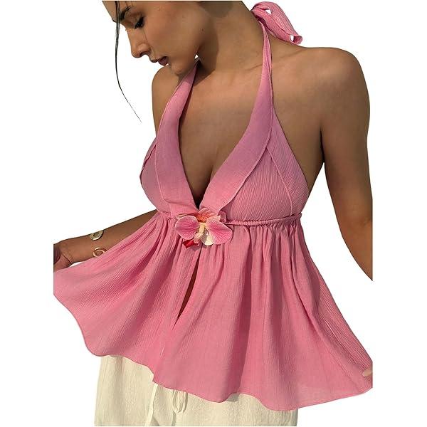 Women's Flower Halter Top Ruffle Hem Deep V Neck Tie Backless Sleeveless Summer Vacation Tops Size L