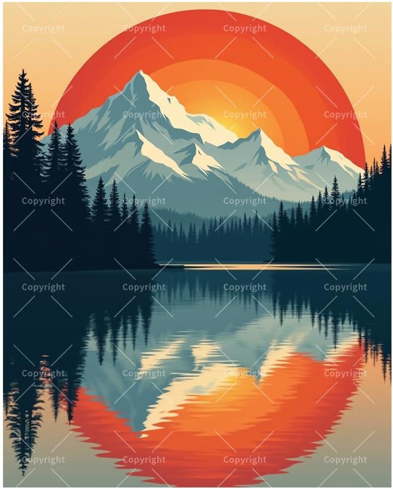 Landscape Paint by Numbers Kit for Adults - DIY Sunset Mountain Reflection on Lake Painting on Canvas 16x20In, Acrylic Paint Set for Beginners, Nature Wall Art for Home Decoration or Gifts