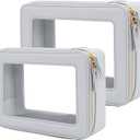 Aveniee Clear Makeup Bag Organizer Set, Portable Travel Toiletry Cosmetic Bag Case for Women, Vegan Leather Make Up Pouch Car Bag for Essentials, Middle + Large, Blue