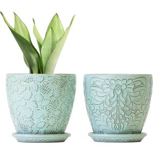 Bestseler 6 Inch Retro Ceramic Planter Set of 2 with Drainage Hole and Saucer for Plants, Indoor-Outdoor Garden Pots for Succulent, Orchid, and Flower (Fits Inner Pots Up to 5 Inches, Retro Green)