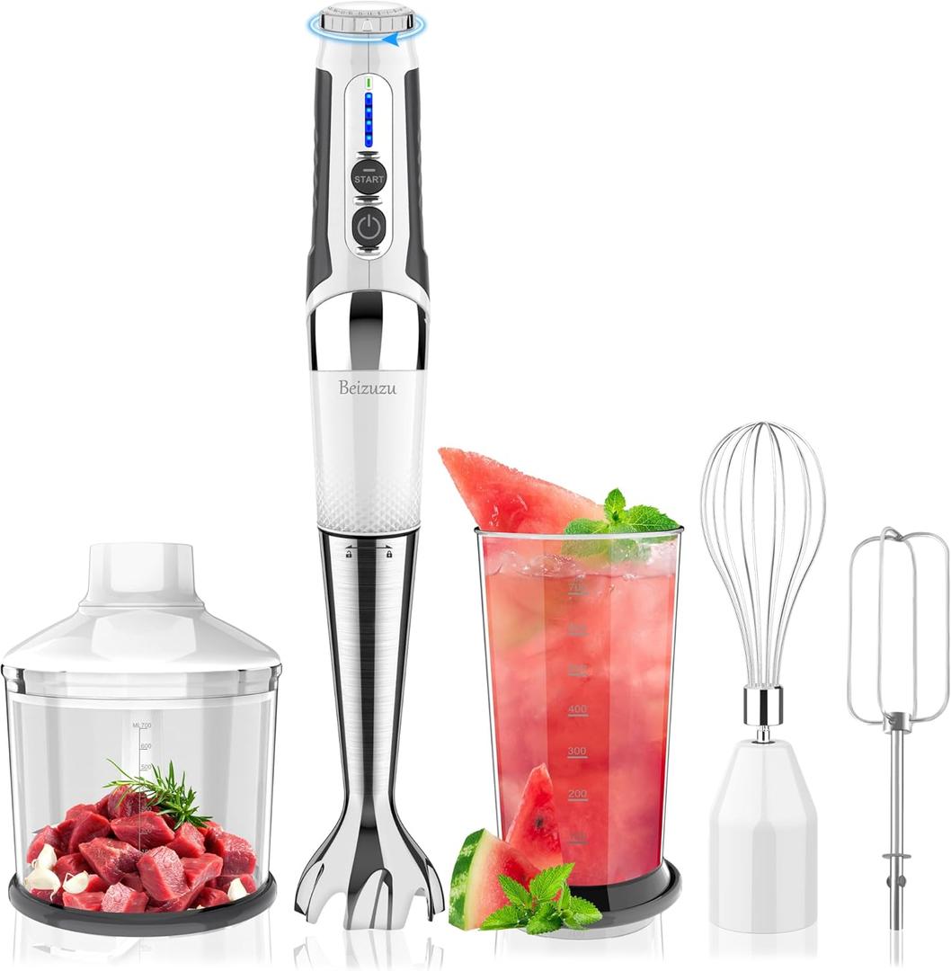 Cordless Immersion Blender: 4-in-1 Rechargeable Cordless Hand Blender, 21-Speed & 3-Angle Adjustable with Chopper, Beaker, Whisk, Beater for Milkshakes | Smoothies | Soup Baby Food (White)