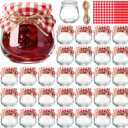 LemonRoad 30 Mini Yogurt Jars 3.4 oz Glass Bottles with Plastic Lids for Jam, Honey, Wedding Favors, Birthday Party Decor Mason Jar with Checkered Cloth and Rope (Circle, Red, White)