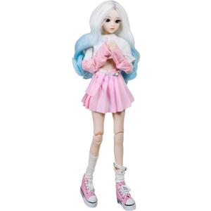 1/3 BJD Doll, 22 Movable Joints Full Set Doll with Long Curly White-Blue Gradient Hair, Pink Outfit & Shoes, Collectible Fashion Ball Jointed Doll for Girls Gift, 21.7 inches