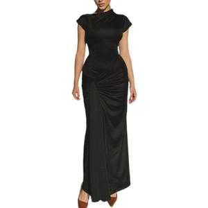 Mojessy Women Bodycon Maxi Dress Sexy Mock Neck Lace Up Bandage Ruched Short Sleeve Long Dress Cocktail Dress (Small, Black)