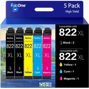 BeOne 822XL Ink Cartridges High Yield Remanufactured Replacement for Epson 822XL Ink Cartridges for 822XL Printer for Epson WF-3820 WF-4820 WF-4830 WF-4833 WF-4834 WF-3823 Printer (5 Pack)