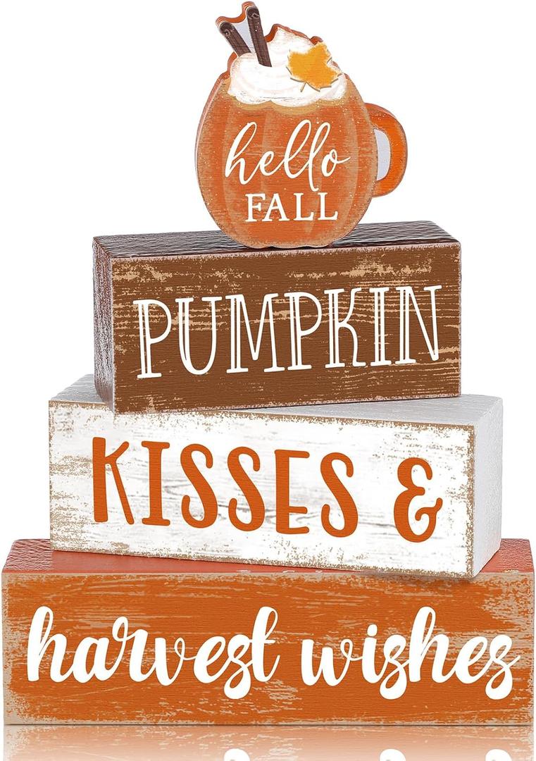 4 Pcs Fall Thanksgiving Decor for Home Hello Fall Wooden Signs with Sayings Thanksgiving Tiered Tray Decor Pumpkin Ice Cream Tabletop Centerpiece Harvest Wishes Block Sign for Office Kitchen Shelf
