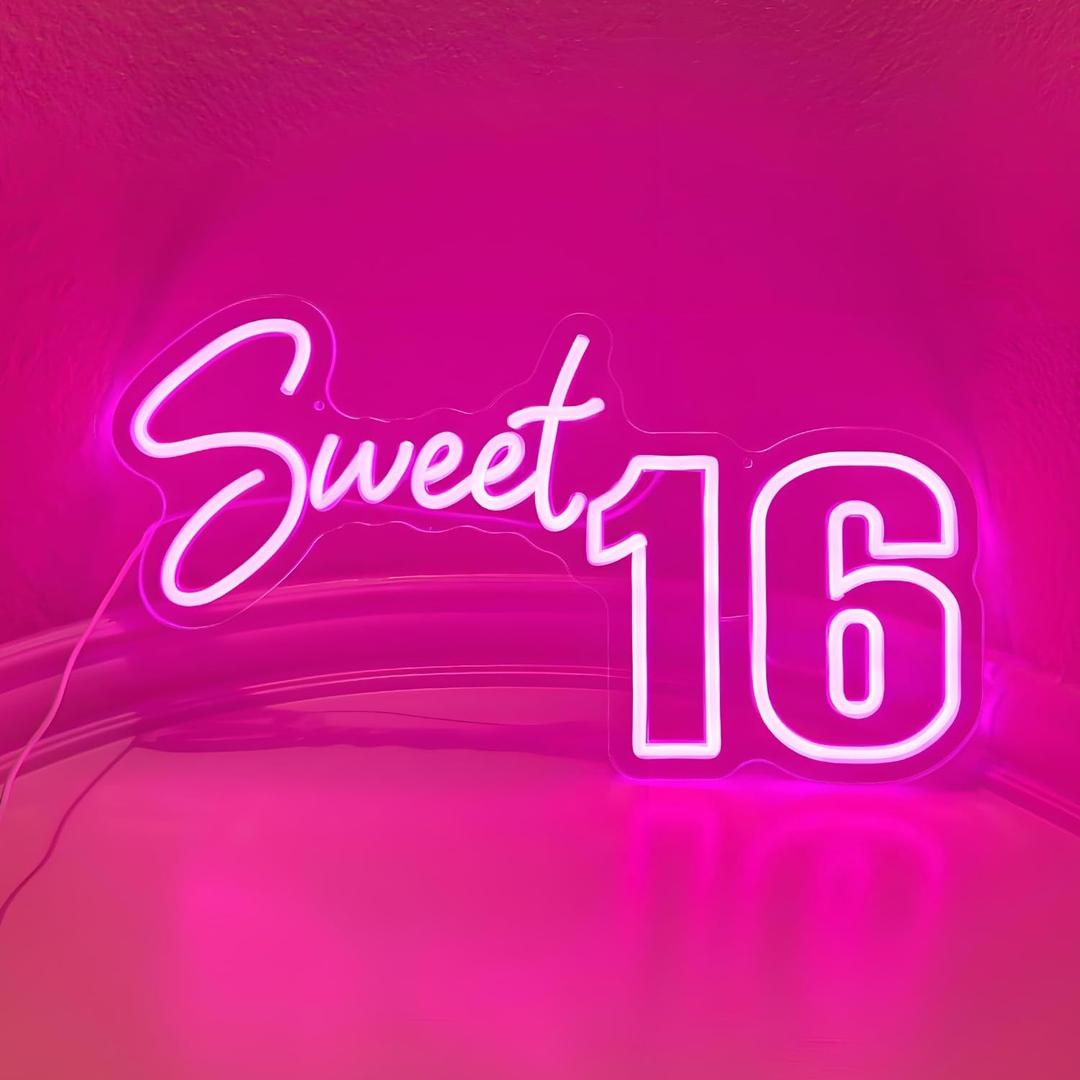 Sweet 16 Party Decorations Neon Sign, Sixteen 16th Birthday Decorations Gift for Girls, Light Up Numbers Sweet 16 Sign for Party Backdrop Wall Decor, Pink,16.5x9.4 inch