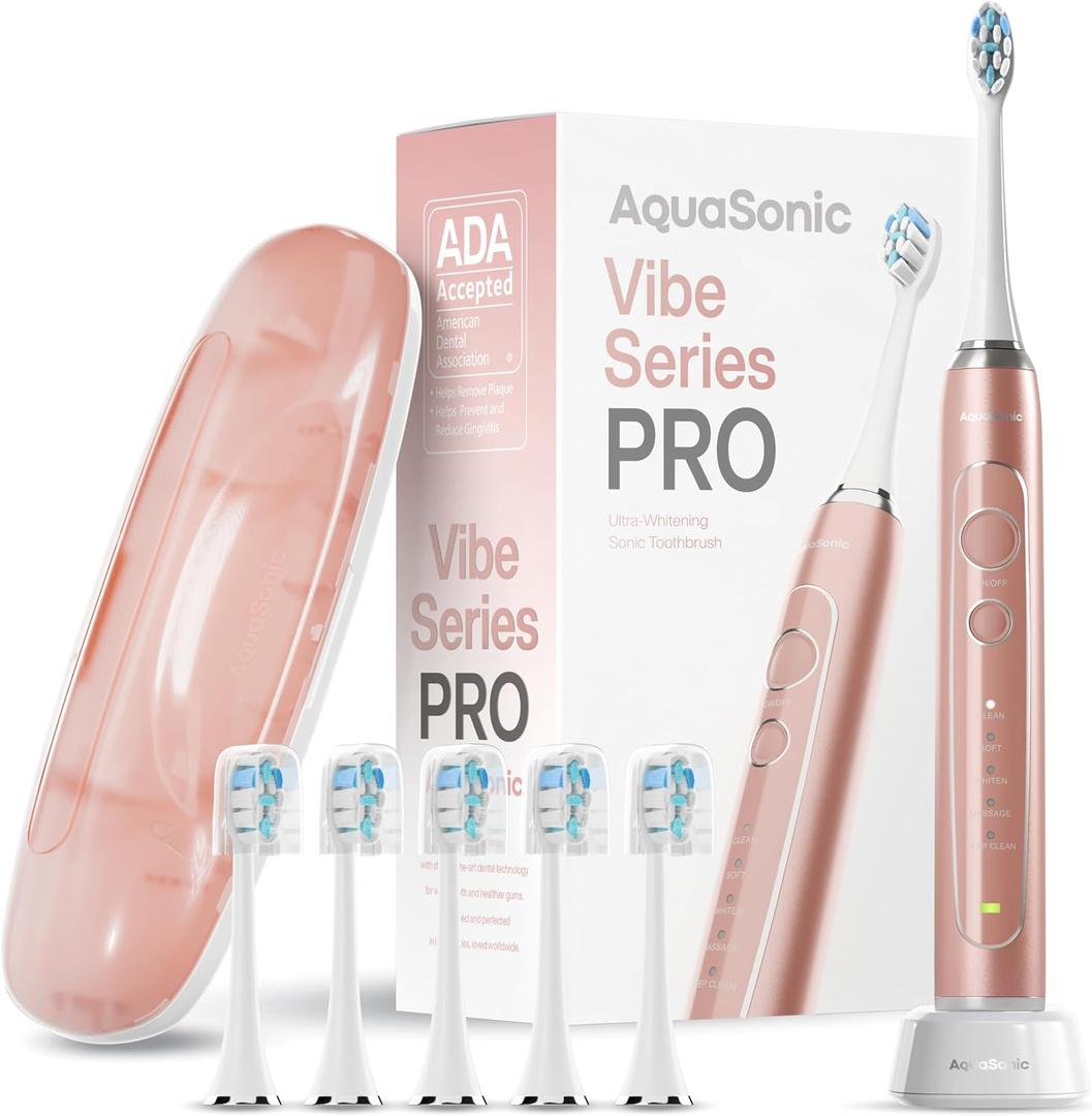 Aquasonic Vibe Series PRO  Ultra-Whitening Electric Toothbrush  5 Modes & Smart Timers  Premium Travel Case & 6 Proflex Brush Heads  ADA Accepted Toothbrush (Rose Gold)