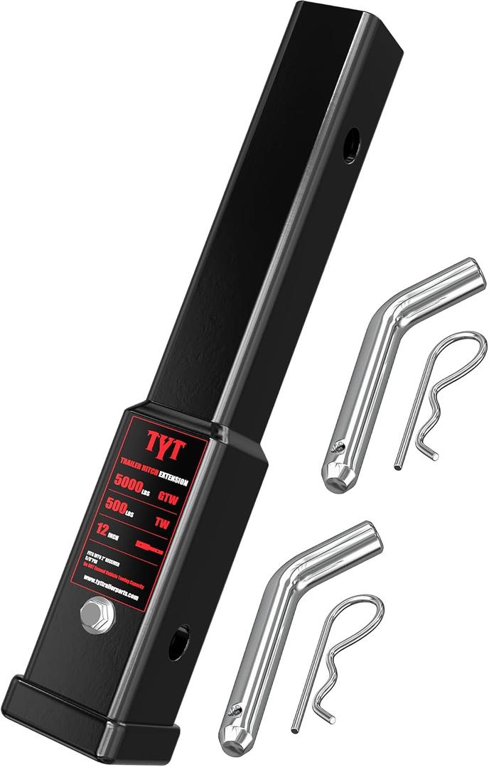 TYT 12" Trailer Hitch Extension for 2 inch Receiver Tube ExtenderIncludes 2 Sets of 5/8" Premium Hitch Pin, 5000 lbs GTW / 500 lbs TW