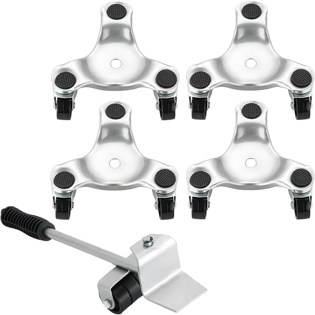 Steel Tri-Dolly Set with Lifter | 4 Pack 6-Inch Furniture Mover Dolly 3 Wheel with 360 Swivel Wheels and Non-Slip Cap for Moving Heavy Furniture Refrigerator Sofa Cabinet
