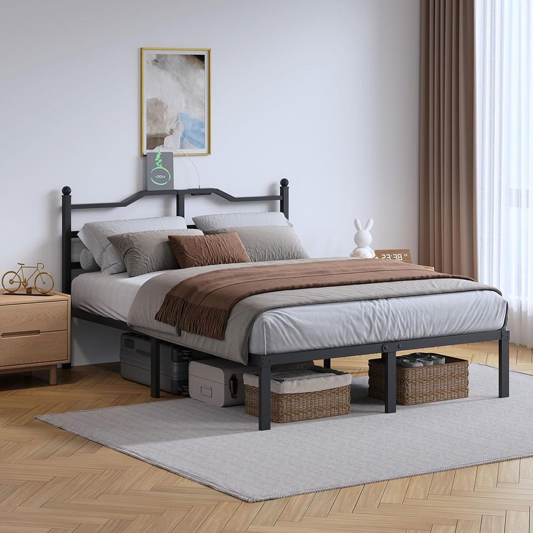 SHOANED Metal Bed Frame with Charging Station - 14 Inch King Size Heavy Duty Bedframe with Headboard Black Basic Steel Slats Platform No Box Spring Needed/Noise Free
